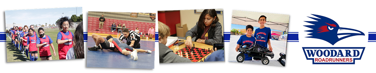 Students running, wrestling, playing chess, and robotics with Woodard Roadrunners