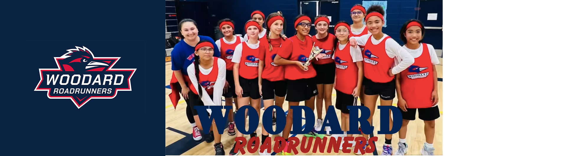 Woodard Roadrunners - girls athletic team holding a trophy in the school gym